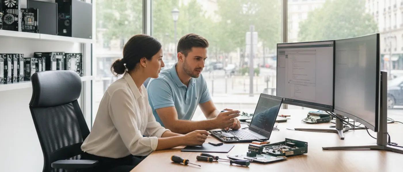 Svensk IT-tekniker reparerar moderkort på bärbar dator i modern verkstad med precisionsinstrument