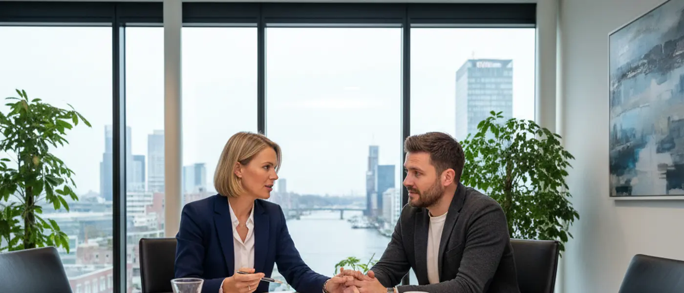 Nederlandse advocaat in gesprek met cliënt aan een kantoortafel met juridische documenten