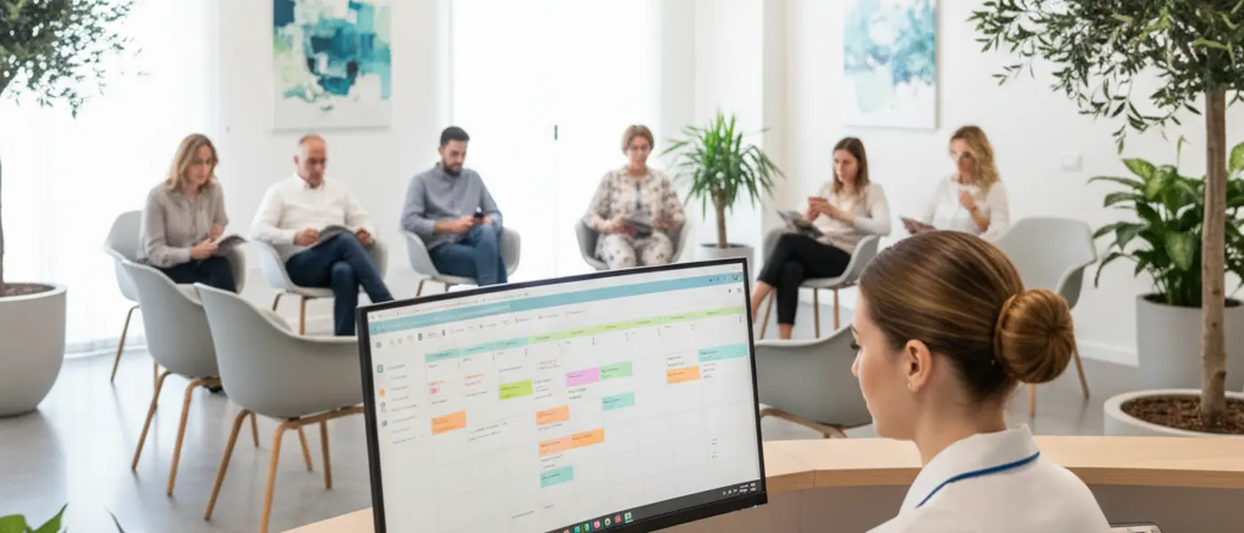 Segretaria di uno studio medico italiano che gestisce le prenotazioni al computer con un calendario digitale