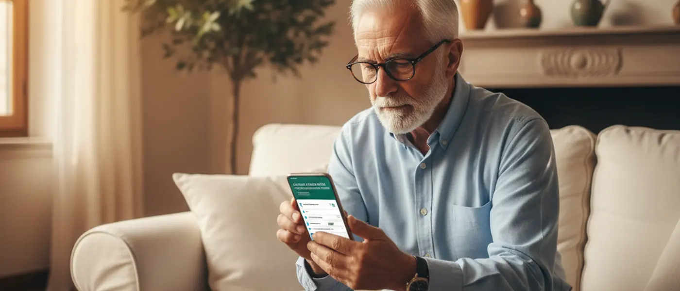 Paziente anziano italiano che prenota una visita medica tramite smartphone dal salotto di casa