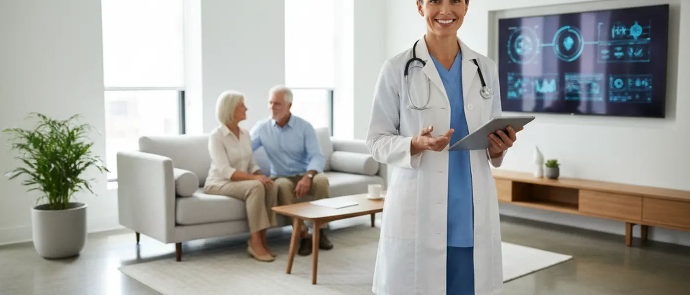 Dottoressa italiana che consulta la propria agenda medica digitale su tablet in un ambulatorio moderno