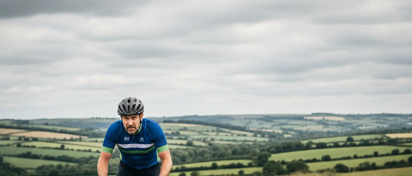 Amateur cyclist on British countryside road showing exhaustion and determination in endurance challenge