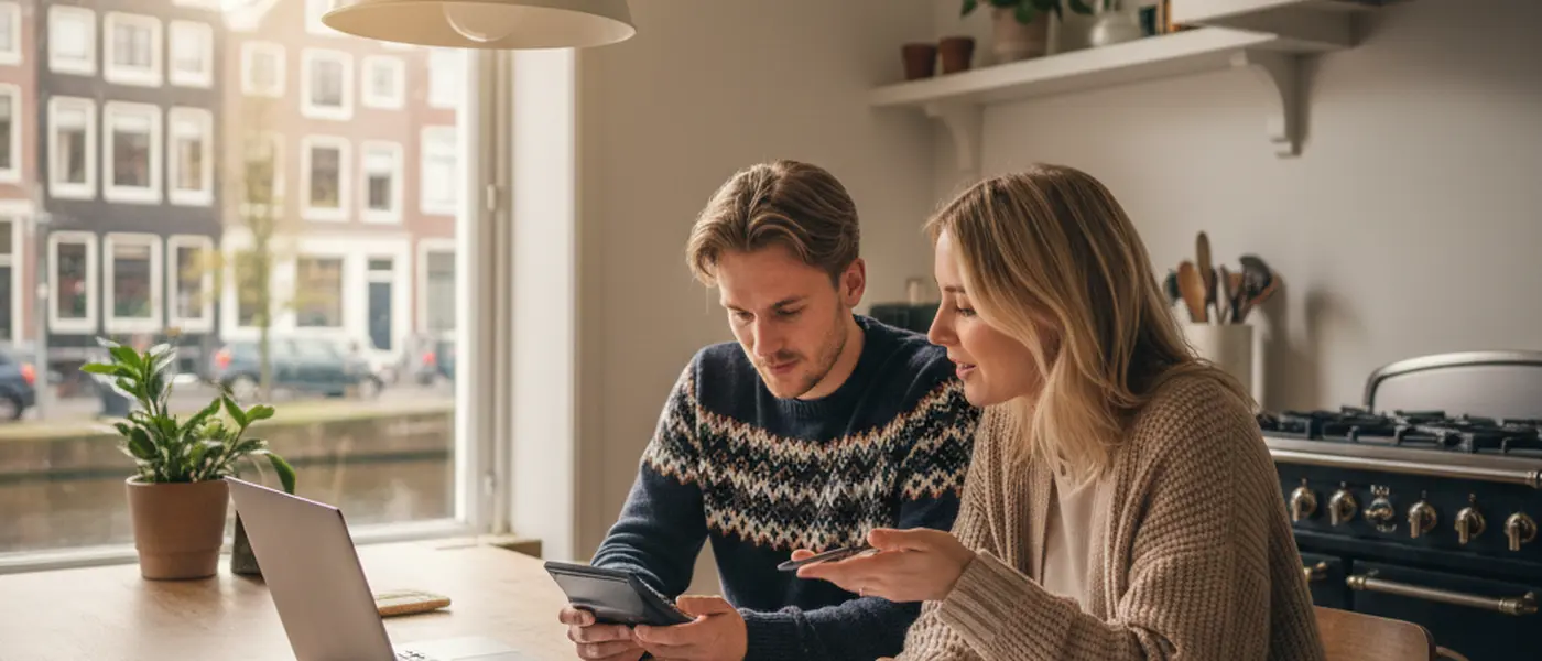Jong Nederlands stel bekijkt hypotheekdocumenten aan de keukentafel