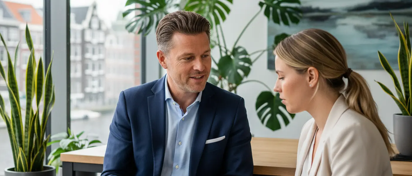 Financieel adviseur toont grafieken op tablet aan klant in modern kantoor