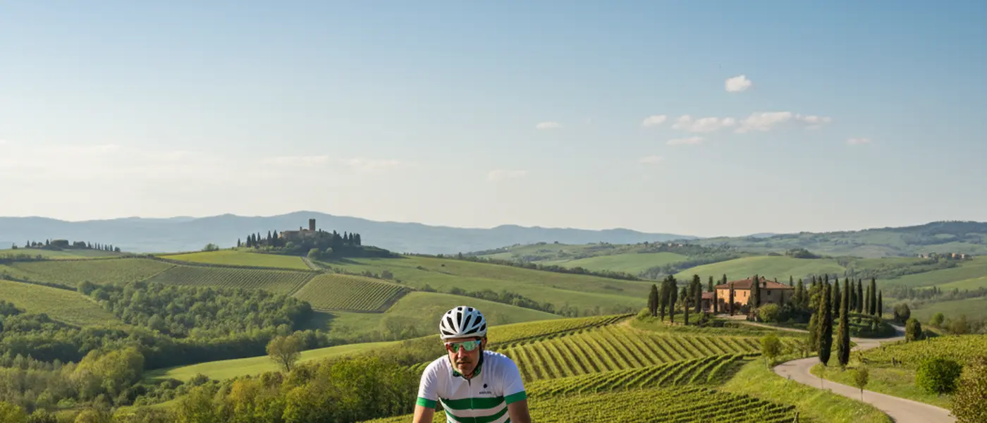 Ciclista amatoriale italiano in bicicletta su una strada di campagna in primavera