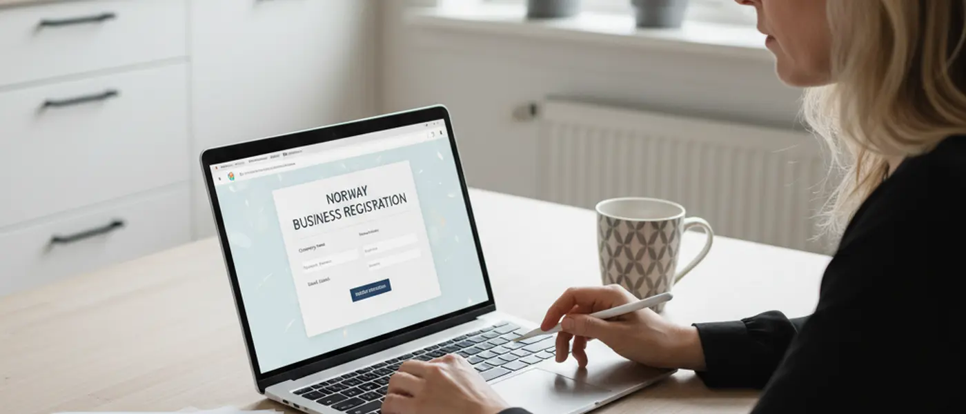 Person som sjekker bedriftsinformasjon på en laptop ved et skrivebord i et norsk hjem