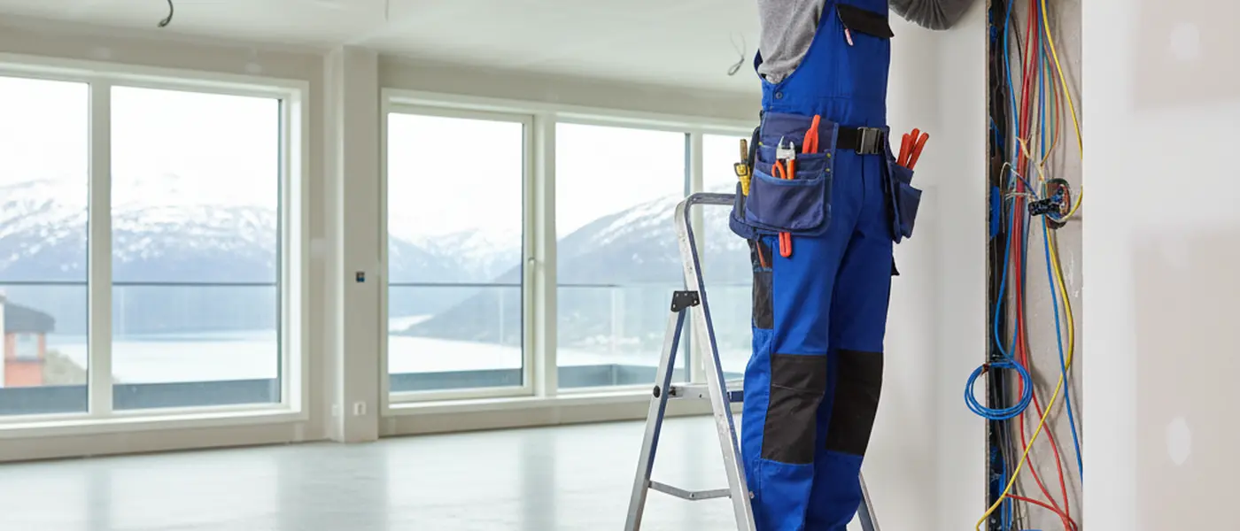 Profesjonell elektriker som installerer ledninger i en moderne norsk leilighet med sikkerhetsutstyr
