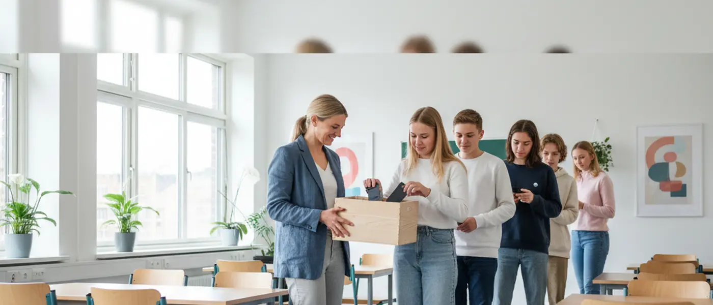 Lärare samlar in mobiltelefoner från elever i ett modernt skandinaviskt klassrum