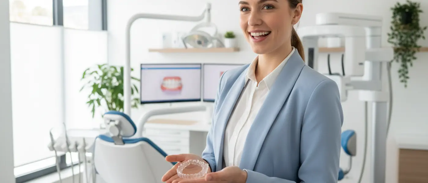 Young woman holding clear dental aligners in a modern British orthodontic practice