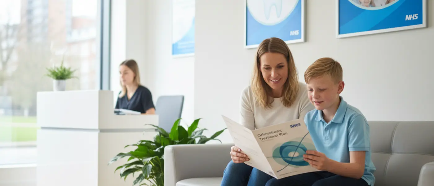 Mother and child reviewing an orthodontic treatment plan in a dental waiting room