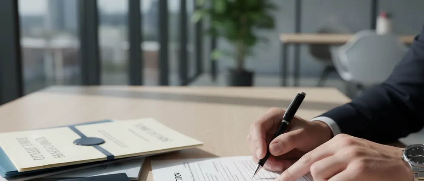 Solicitor reviewing an immigration application form with a pen and Home Office documents on desk