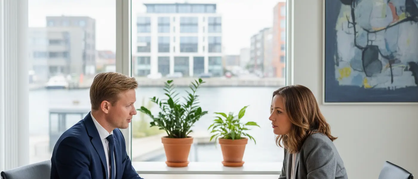 Professionel dansk revisor præsenterer finansiel rapport for virksomhedsejer ved mødebordet i moderne kontor