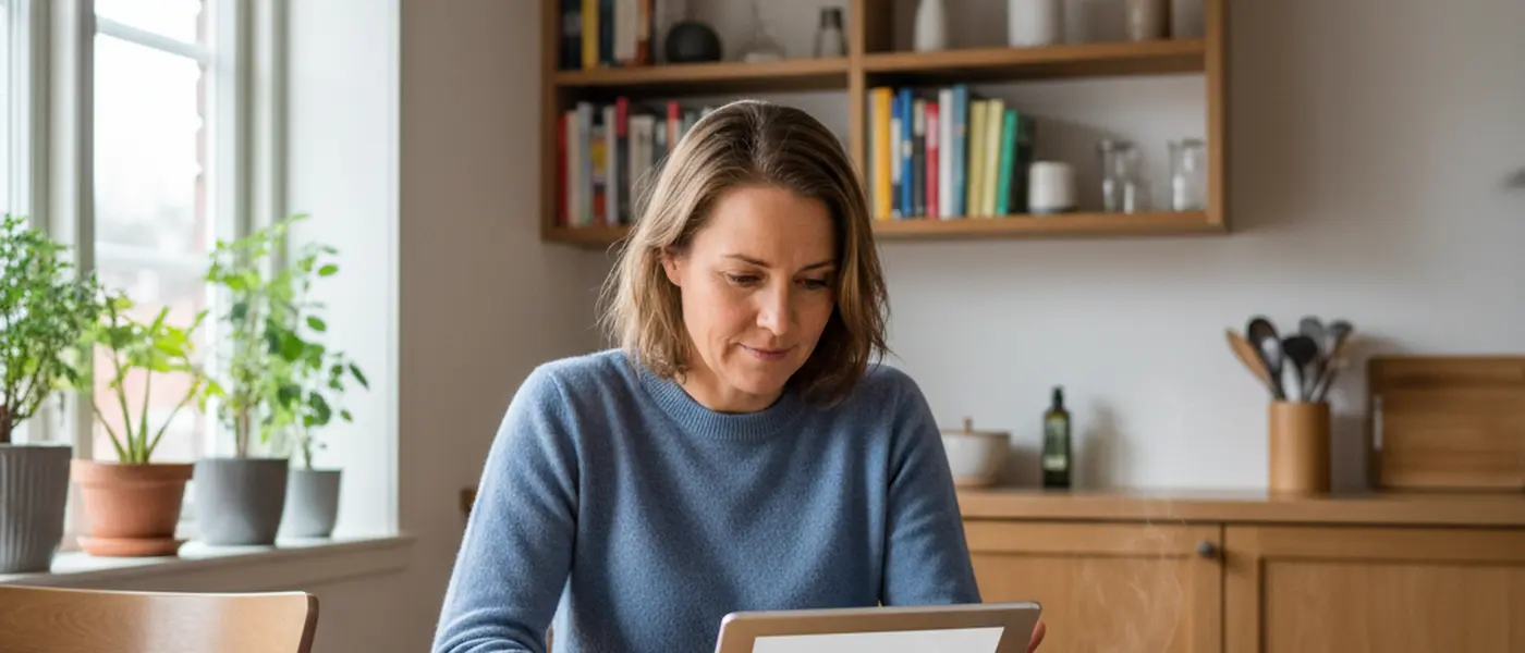 Norsk kvinne sjekker Finanstilsynets nettside på nettbrett ved kjøkkenbordet med kaffekopp