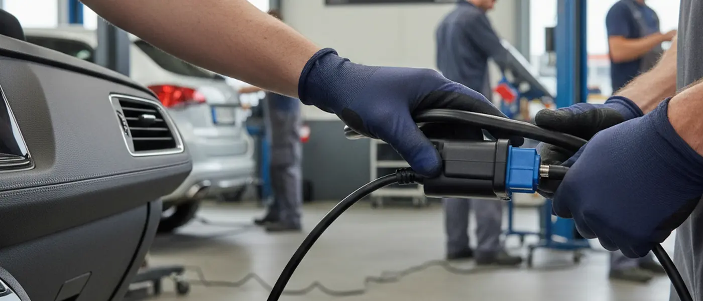 Mécanicien branchant un outil de diagnostic OBD sur le port d'un véhicule dans un garage automobile