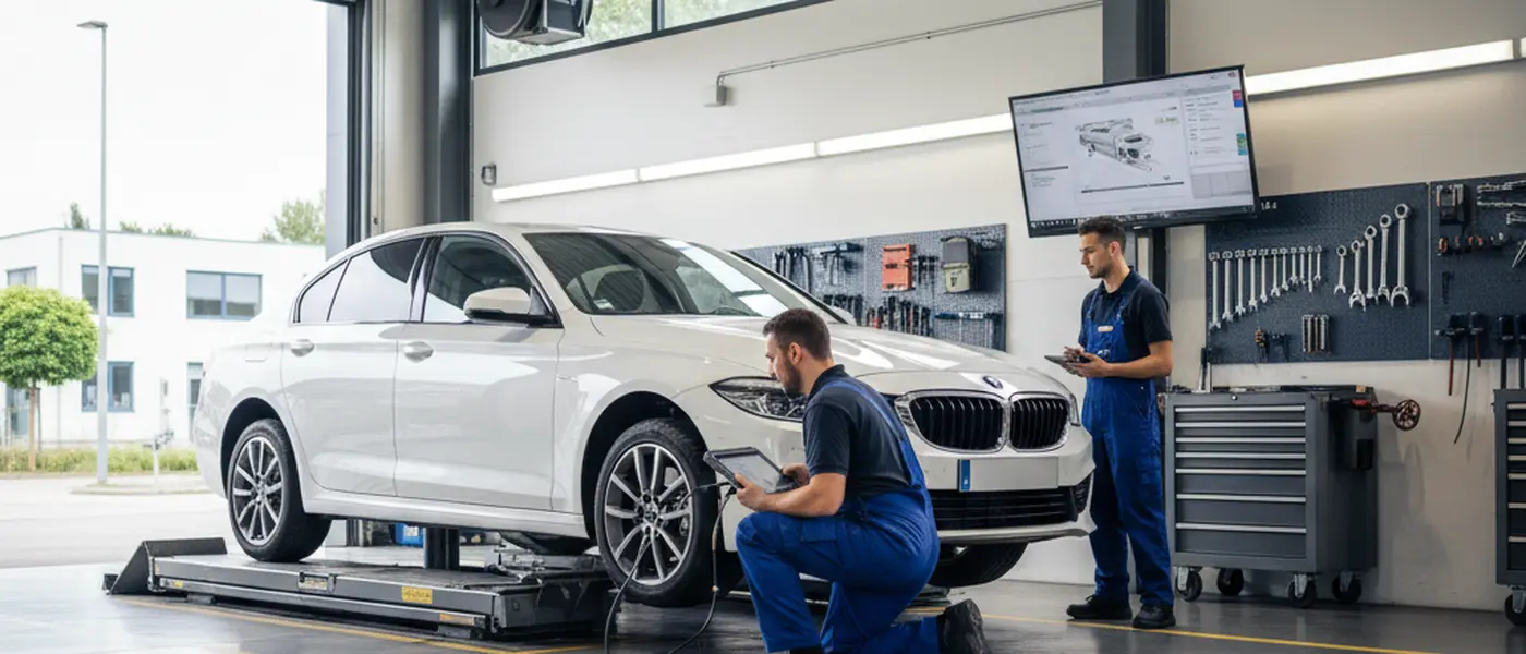 Véhicule sur un pont élévateur dans un centre de contrôle technique avec un inspecteur vérifiant le système de freinage