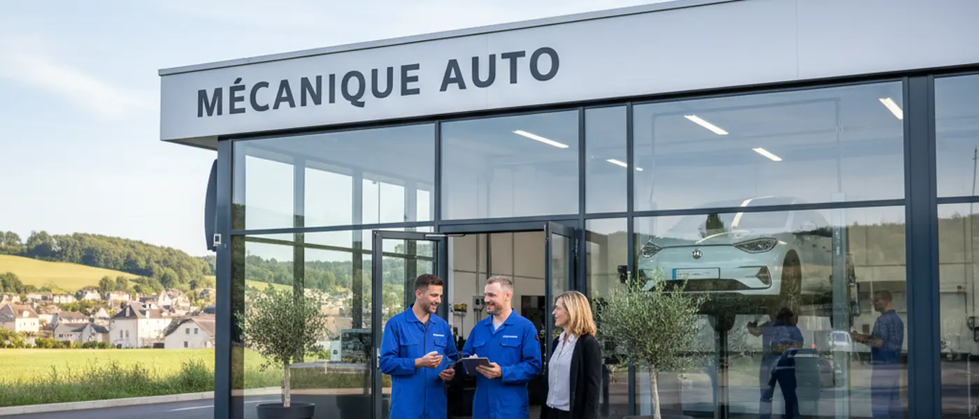 Mécanicien français en combinaison bleue inspectant le moteur d'une voiture dans un garage professionnel