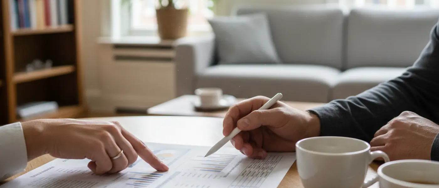 Financieel adviseur bespreekt documenten met een stel in een modern kantoor