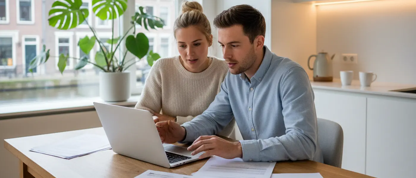 Jong stel bekijkt hypotheekdocumenten samen aan de keukentafel