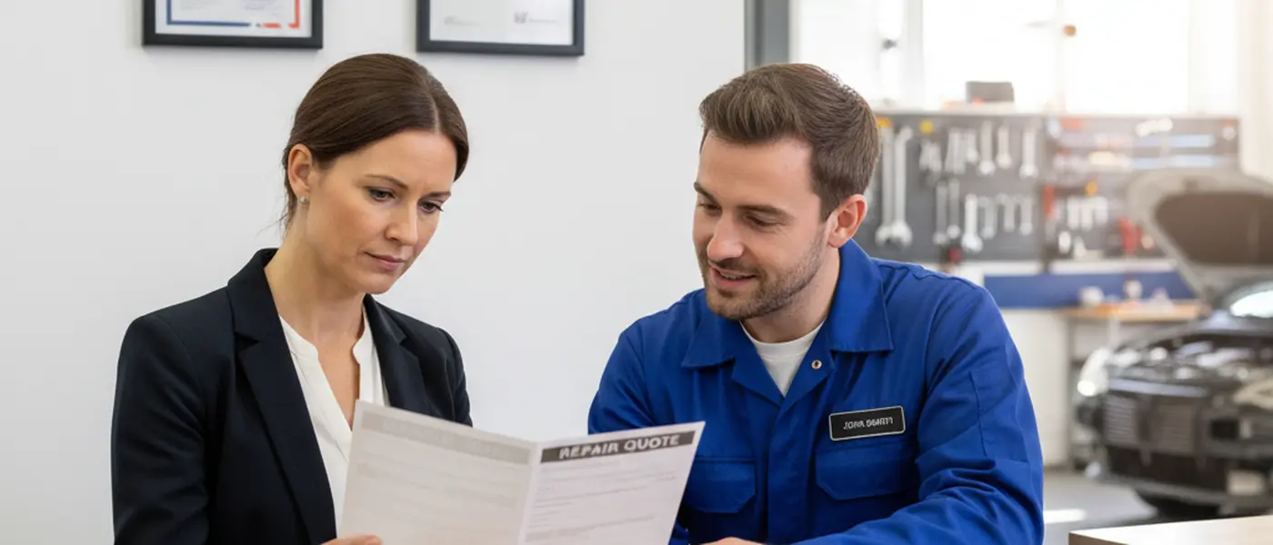 Car owner reviewing a printed repair quote at the reception desk of a British independent garage