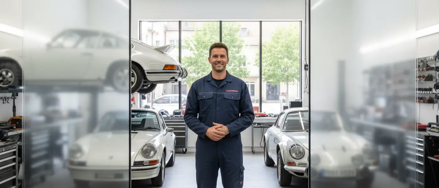 British mechanic explaining a car repair to a vehicle owner in a clean, well-lit UK independent garage workshop