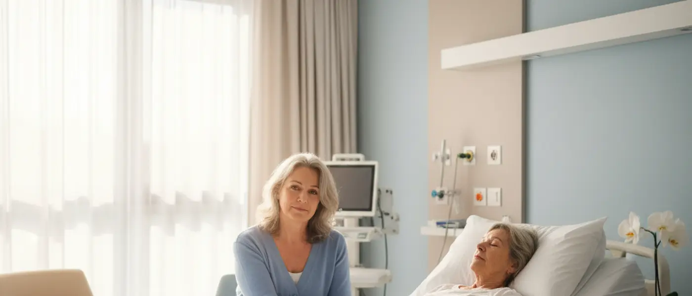 Une femme tient la main d'une proche hospitalisée dans une chambre d'hôpital lumineuse