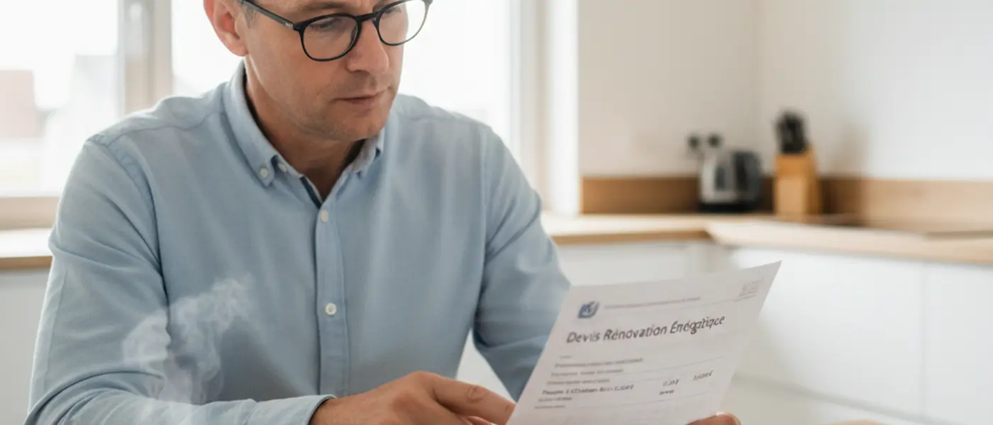 Propriétaire français comparant des devis de pompe à chaleur à une table de cuisine