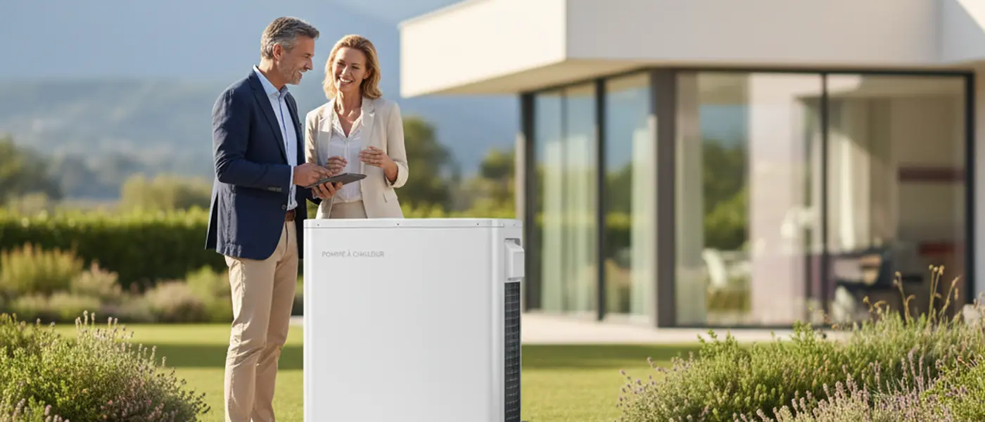 Technicien chauffagiste installant une pompe à chaleur air-eau sur la façade d'une maison française