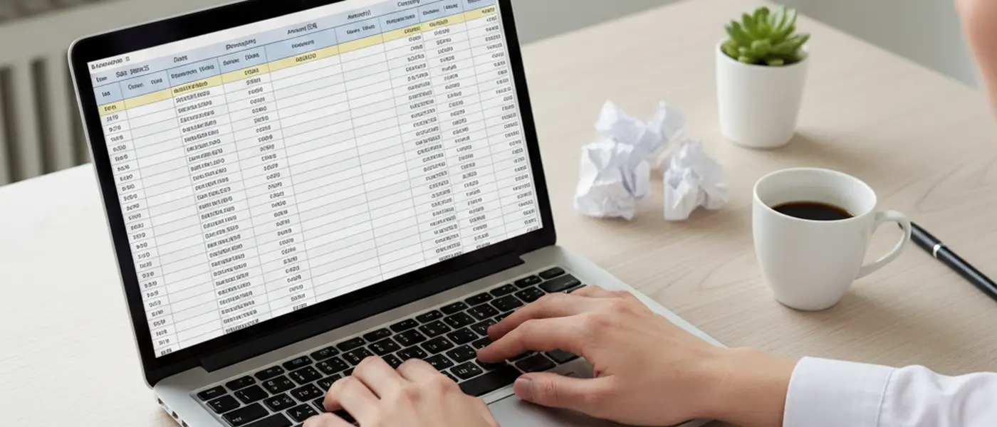 Närbild på händer som arbetar med bokföring på en bärbar dator vid ett skandinaviskt skrivbord med kvitton och kaffekopp