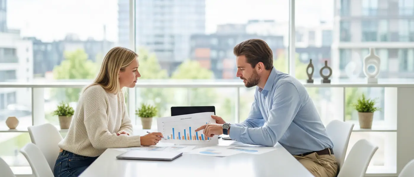 Redovisningskonsult och företagare granskar finansiella rapporter tillsammans i ett modernt svenskt kontor