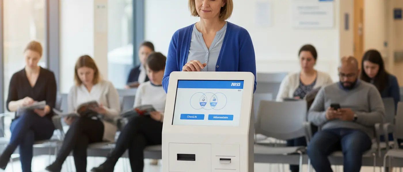 Patient checking in at a British hospital orthopaedic department reception area