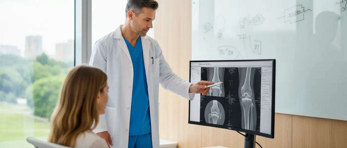 Doctor reviewing knee MRI scan results on a monitor in a British clinical office