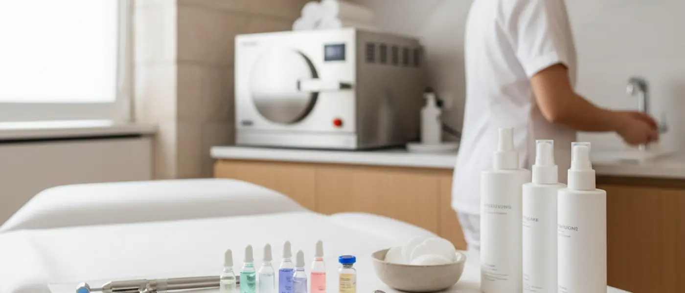 Strumenti e prodotti professionali ordinati su un tavolo in un centro estetico italiano