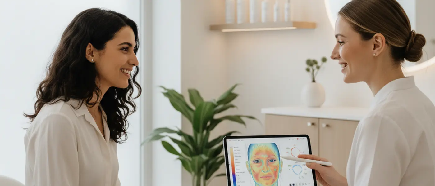 Estetista che mostra un'analisi digitale della pelle su tablet a una cliente in un centro estetico moderno