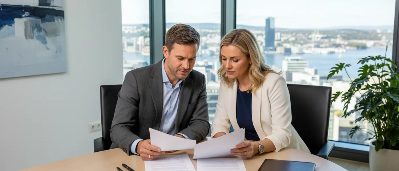 Arbeidstaker og advokat diskuterer arbeidskontrakt i et moderne kontor