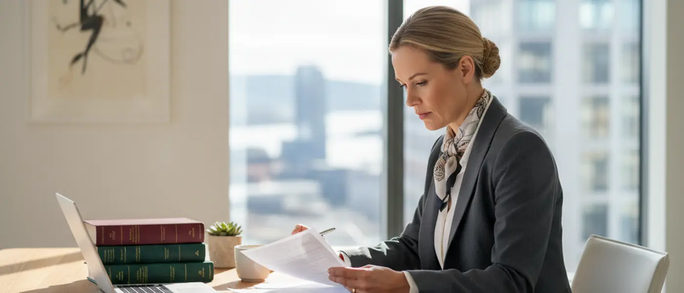 Norsk advokat gjennomgår juridiske dokumenter om arbeidsrett ved et moderne kontorpult i Oslo