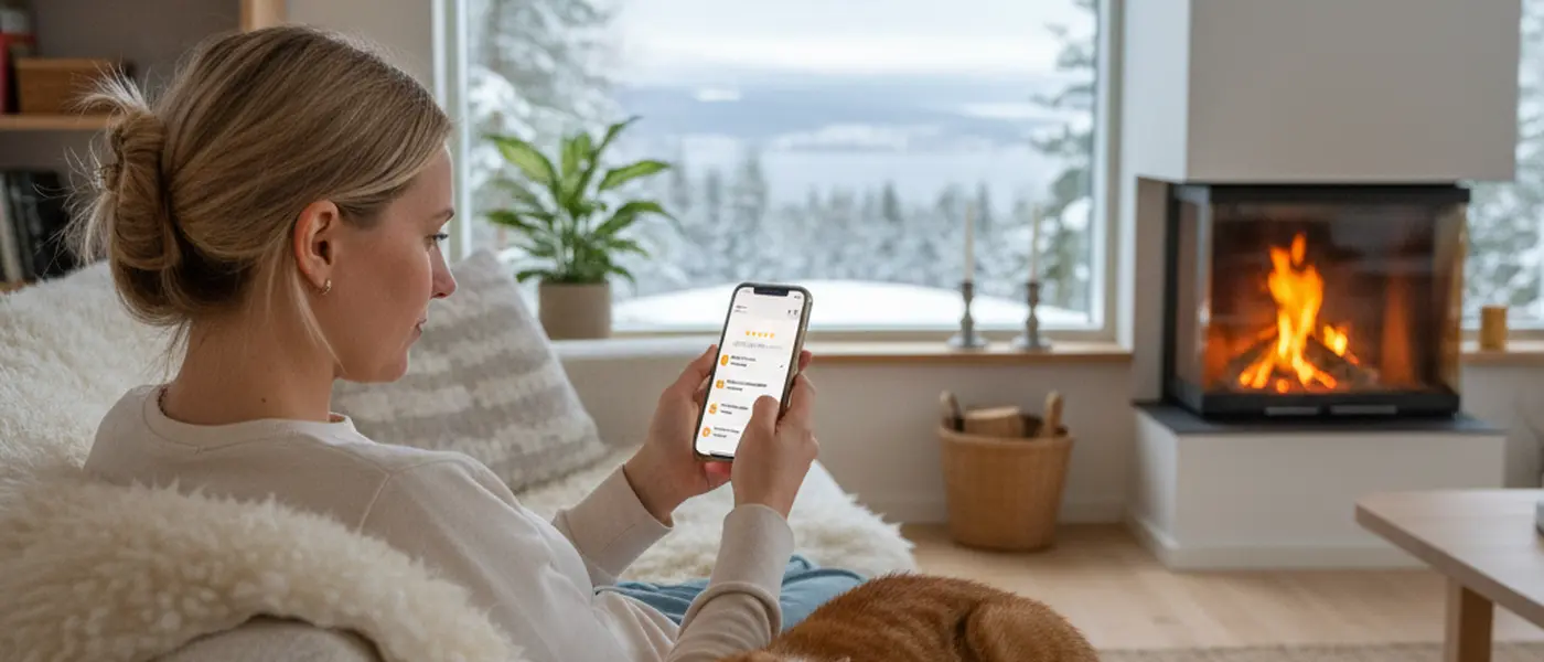 Dyreeier sjekker veterinærklinikk-anmeldelser på mobilen med en katt ved siden av i en norsk stue