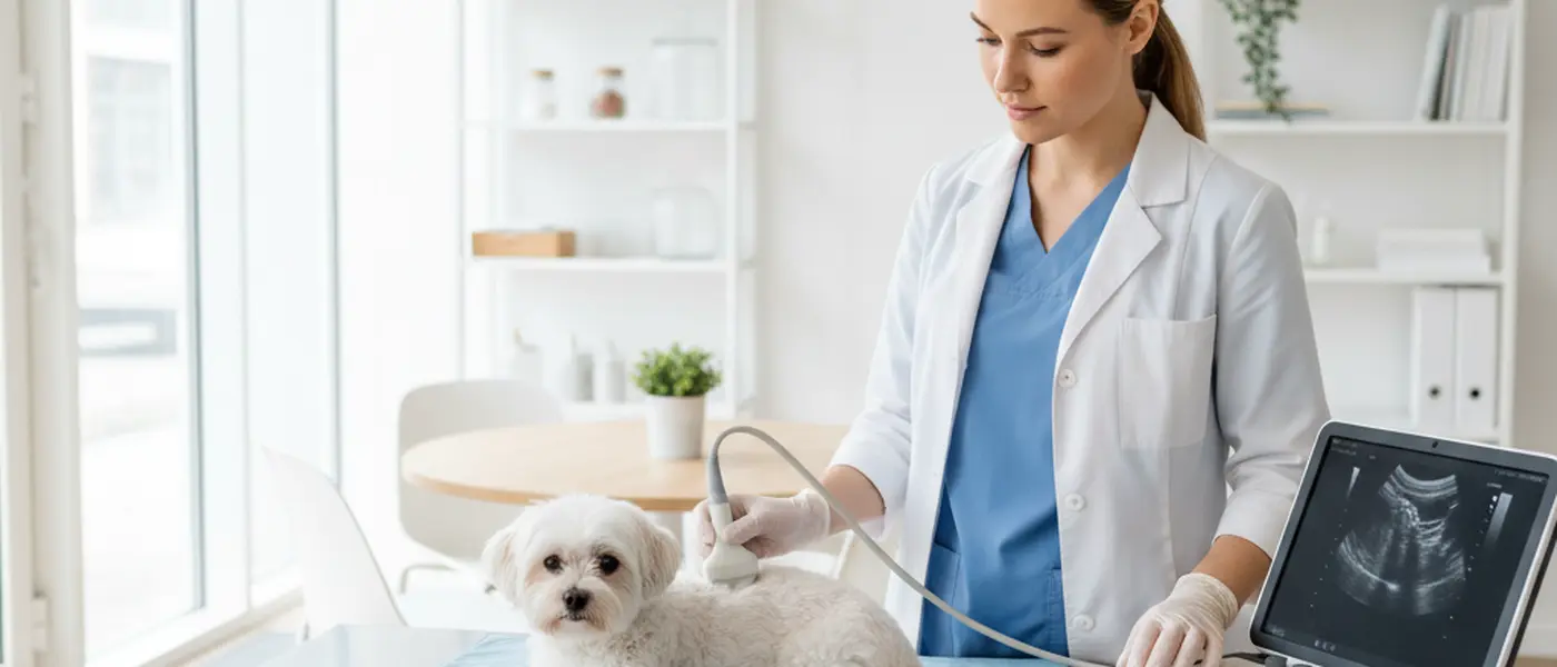 Veterinær undersøker en liten hund med ultralyd i en moderne skandinavisk dyreklinikk