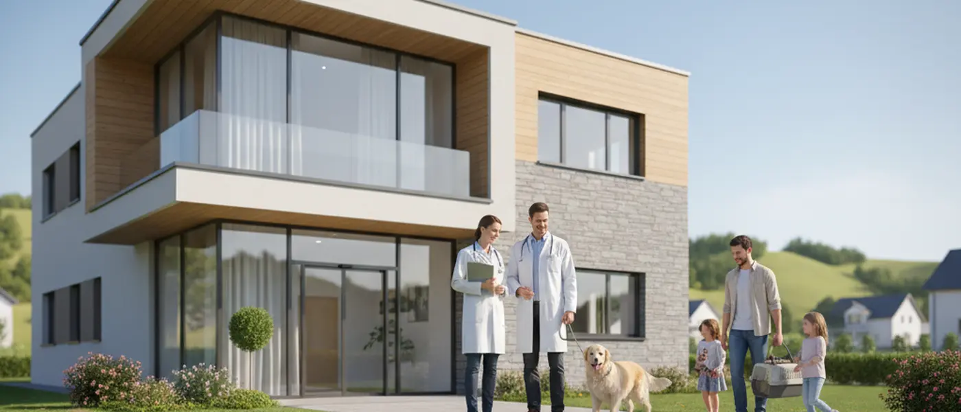 Norsk veterinær i hvit frakk undersøker en golden retriever på et undersøkelsesbord i en moderne dyreklinikk