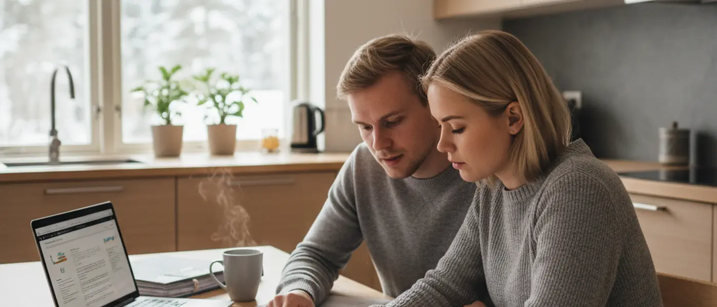 Suomalainen pariskunta tarkistaa oikeudellisia asiakirjoja yhdessä keittiön pöydän ääressä