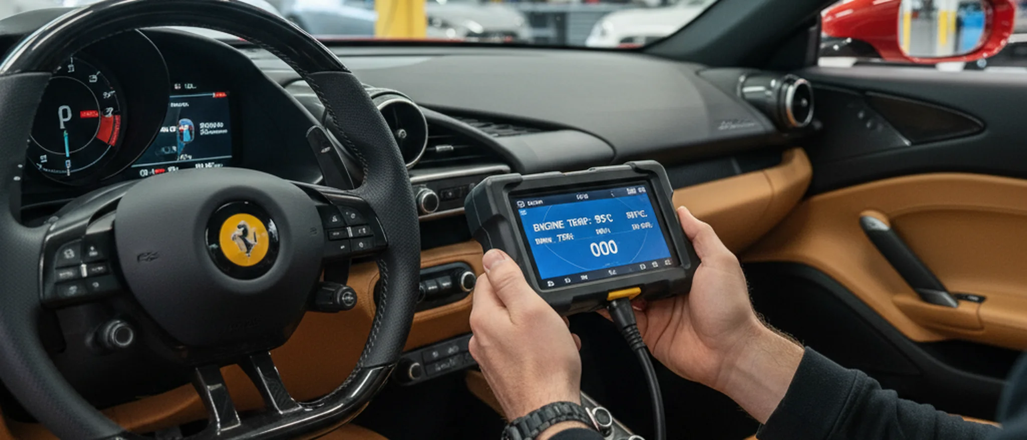 Meccanico che utilizza uno scanner diagnostico OBD-II collegato al cruscotto di un'auto in un'officina italiana moderna