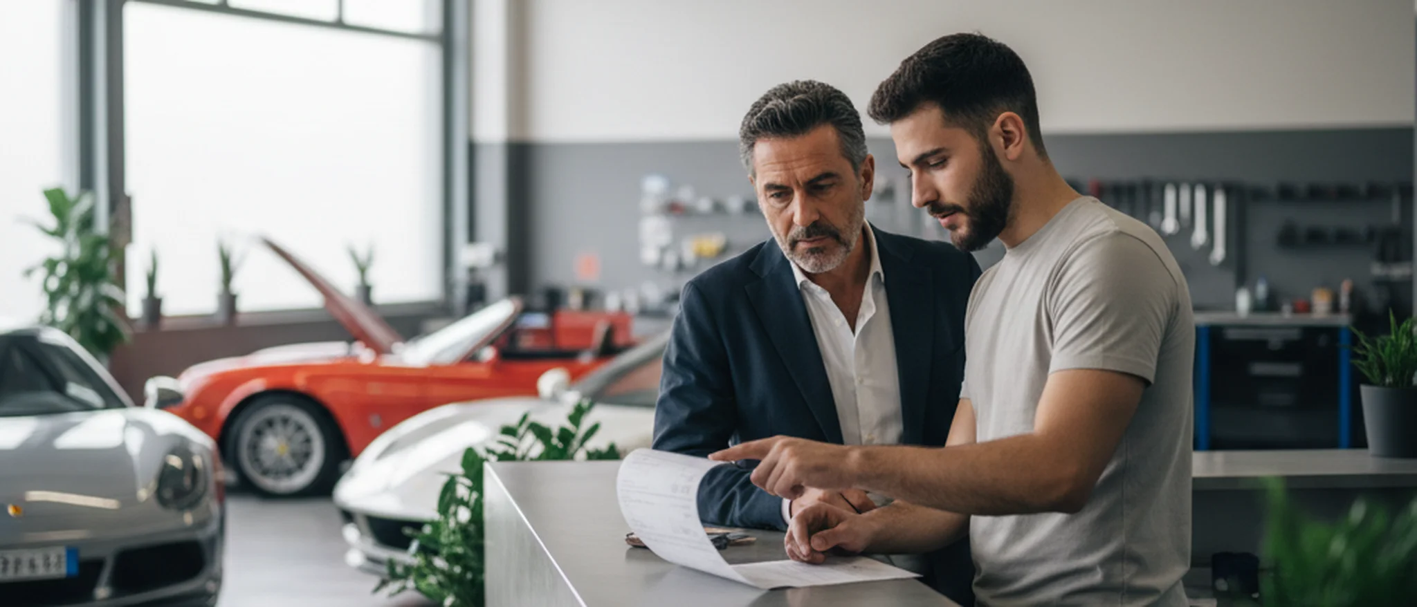 Automobilista italiano che esamina una fattura dettagliata con il meccanico alla reception di un'autofficina