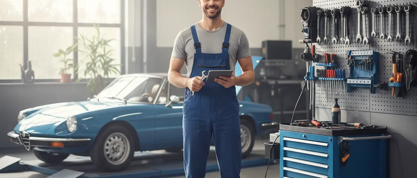 Meccanico italiano in tuta blu che ispeziona il vano motore di una berlina in un'officina ben organizzata