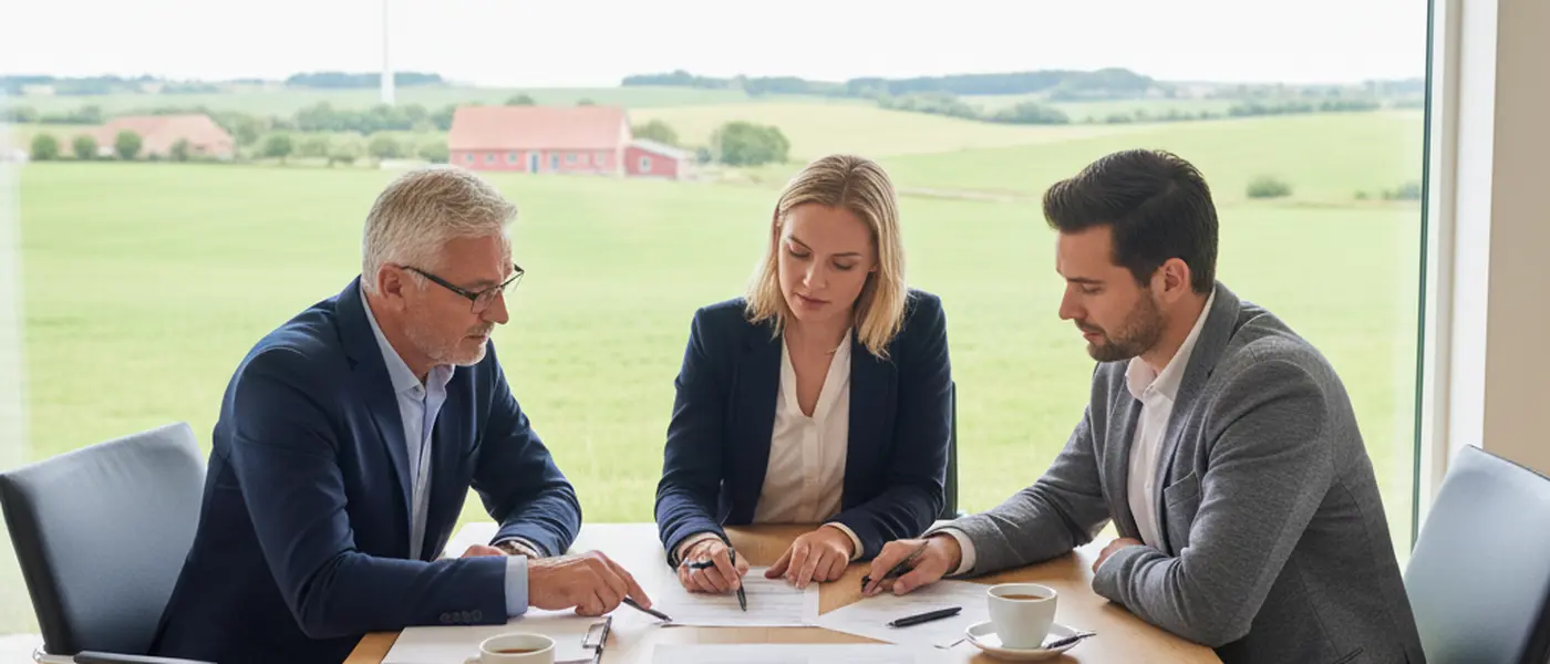 Dansk familie diskuterer generationsskifte med rådgiver ved et mødelokale