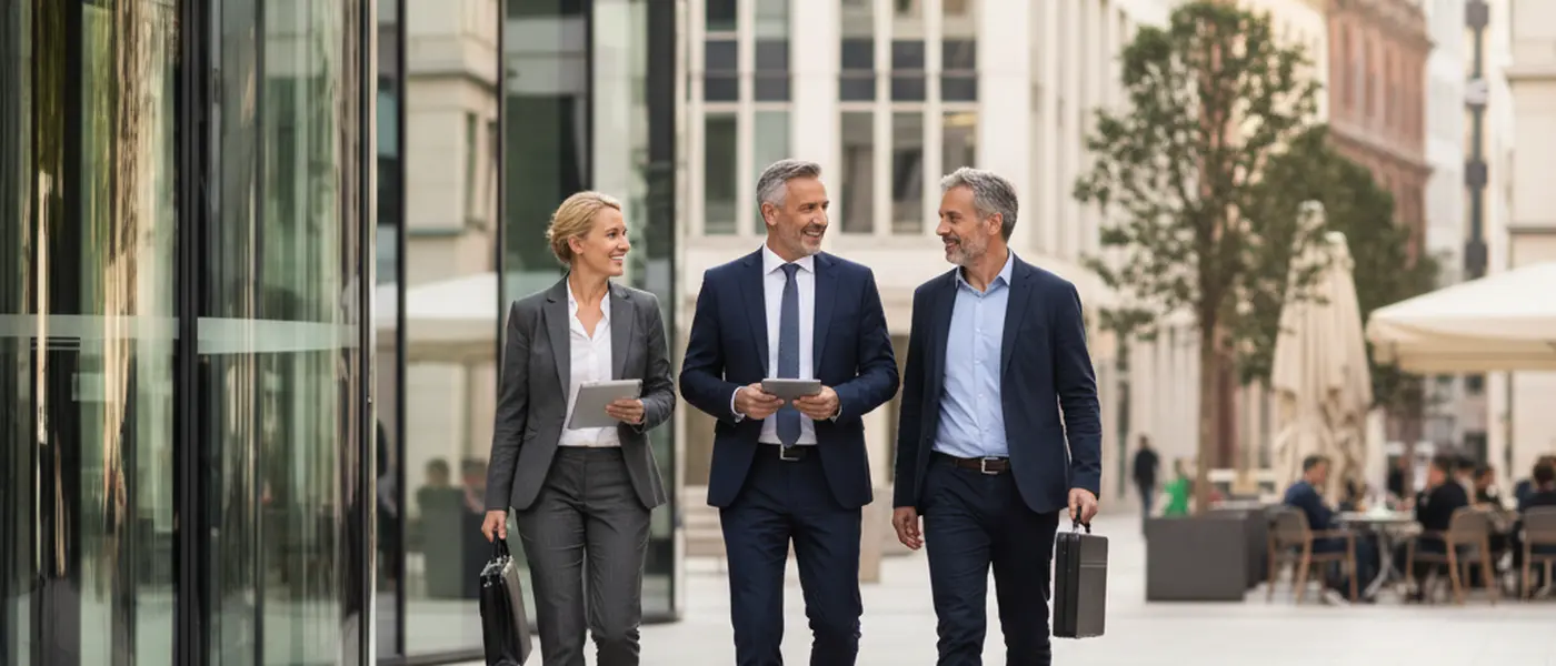 Dansk virksomhedsejer og statsautoriseret revisor gennemgår regnskab på et moderne kontor i København