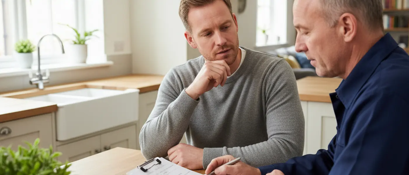 Homeowner and plumber reviewing a written itemised quote at a kitchen table in a British home