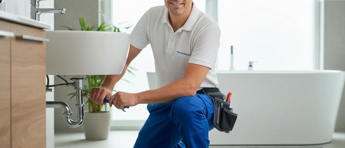 British plumber in blue overalls kneeling beside a kitchen sink, tightening a copper pipe fitting in a modern UK terraced house