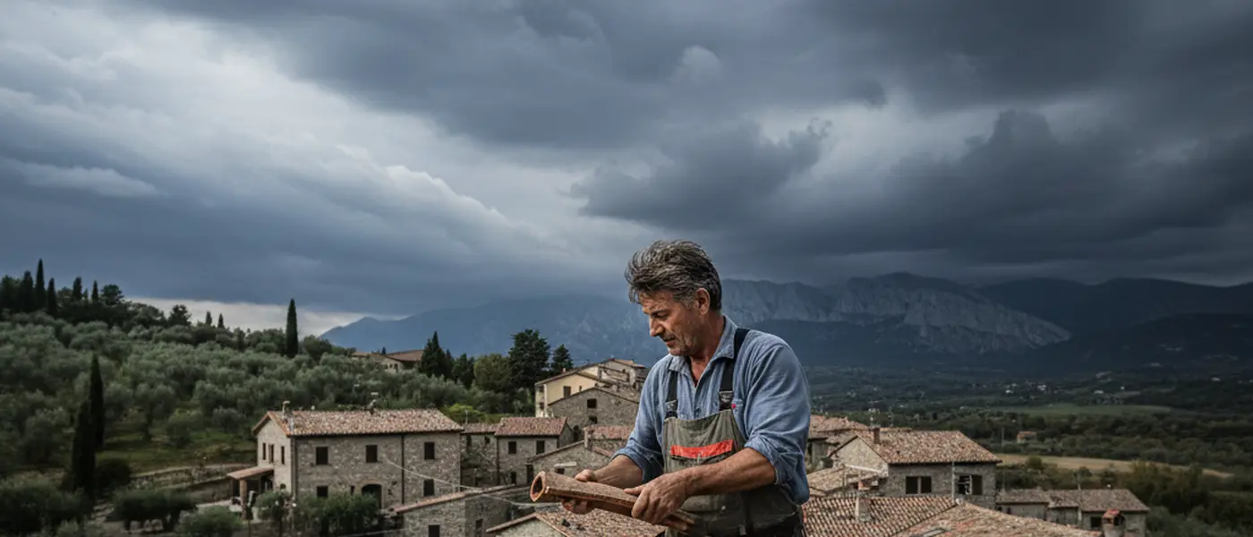 Artigiano italiano che controlla le tegole del tetto prima di un temporale