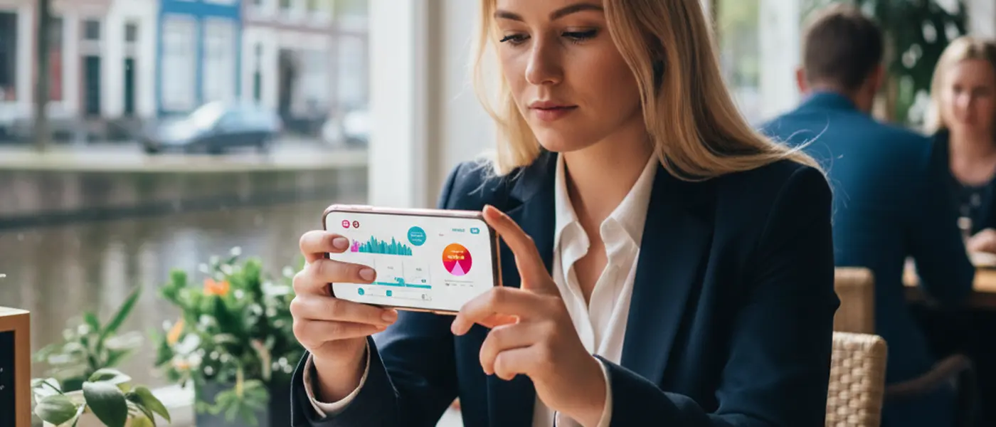 Jonge Nederlandse vrouw bekijkt haar beleggingsapp op smartphone in een café