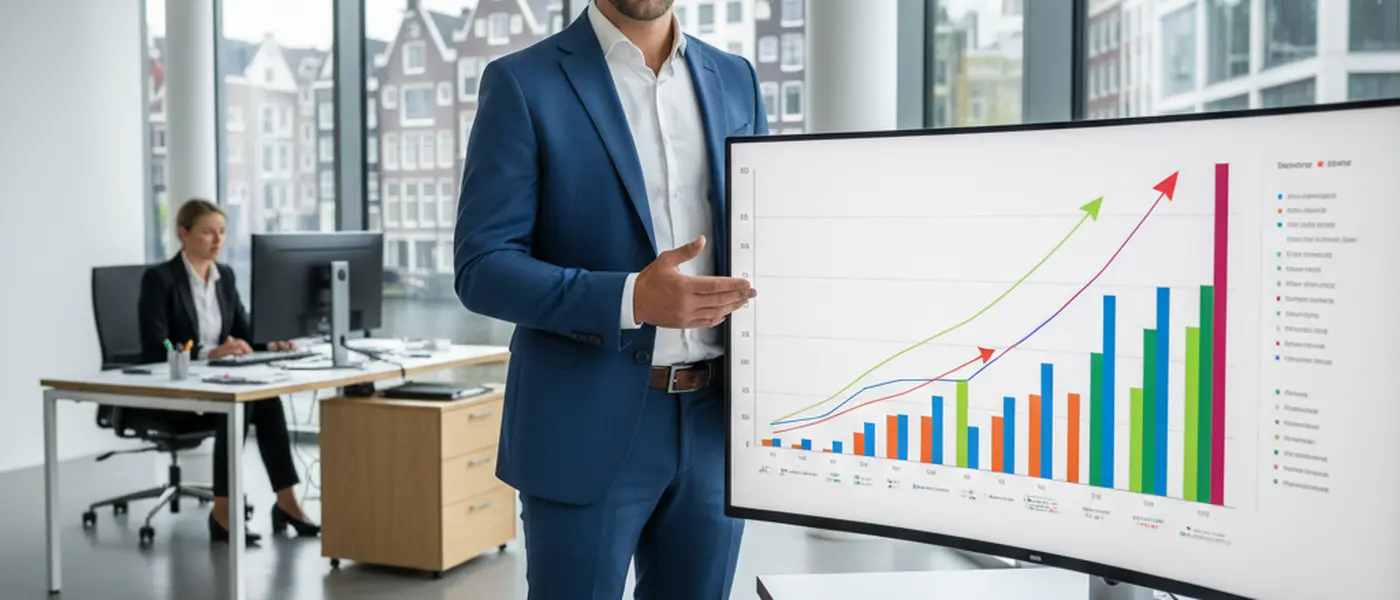 Financieel adviseur toont beleggingsgrafieken op een scherm aan een klant in een modern bankkantoor