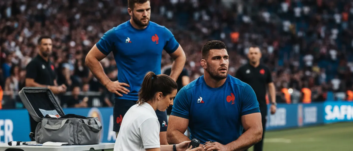 Médecin du sport examinant un joueur de rugby en bord de terrain